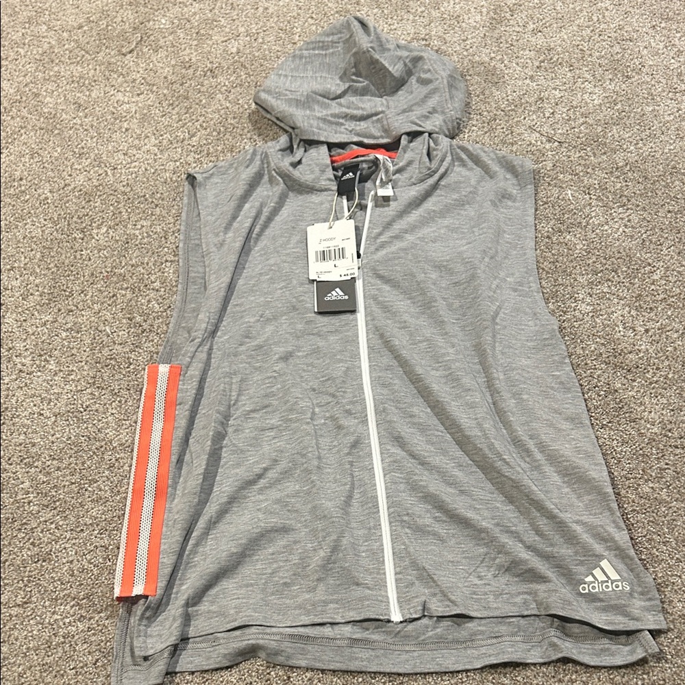 Adidas Gray Sleeveless Hoodie with Orange Accents